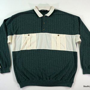 Vintage Knightsbridge L/S Block Stripe Pocket Polo Shirt Green White Men's XL